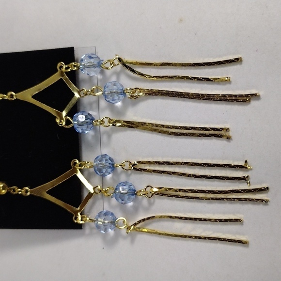 Women's Stunning Gold tone & Blue Beads Fringed Chandelier 3" Drop Earrings - Picture 4 of 7